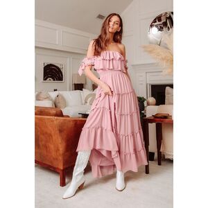 NWT LULUS Chance For Us Blush Pink Off-the-Shoulder Ruffled Maxi Dress Large